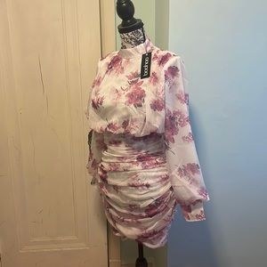 High neck floral ruched mini dress white